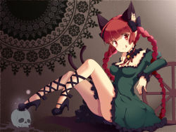 Rule 34 | 1girl, :q, animal ears, bad id, bad pixiv id, bell, blush, bow, braid, breasts, cat ears, cat tail, dress, extra ears, high heels, kaenbyou rin, long hair, looking at viewer, multiple tails, namakobuta, red eyes, red hair, skull, solo, tail, tongue, tongue out, touhou, twin braids, twintails, very long hair