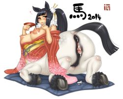 Rule 34 | 1girl, after anal, aftersex, all fours, animal ears, anus, bare shoulders, black hair, blunt bangs, blush, bottomless, breasts, centaur, cum, cum in ass, cum in pussy, cumdrip, cup, drunk, feather boa, from behind, hair ornament, hair stick, hooves, horse ears, huge breasts, huge nipples, japanese clothes, jon henry nam, kimono, large areolae, long hair, monster girl, nipples, off shoulder, original, ponytail, pussy, sakazuki, solo, tail, taur, uncensored, wide sleeves