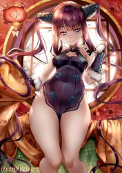 Rule 34 | 1girl, bare shoulders, black dress, blue eyes, blush, breasts, china dress, chinese clothes, cleavage, detached sleeves, dress, fate/grand order, fate (series), hair ornament, highres, long hair, looking at viewer, medium breasts, purple hair, side slit, sidelocks, smile, thighs, twintails, very long hair, yang guifei (fate), yang guifei (second ascension) (fate), zasshu