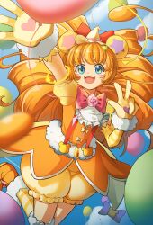 Rule 34 | 1girl, :d, absurdres, animal ears, aoi hane, arm warmers, balloon, bear ears, bloomers, blue eyes, blush stickers, bow, brown hair, cloud, cowboy shot, cure mofurun, fur trim, gloves, hair bow, hat, highres, long hair, looking at viewer, magical girl, mahou girls precure!, mini hat, mini witch hat, mofurun (mahou girls precure!), open mouth, orange footwear, orange vest, precure, red bow, see-through, see-through sleeves, shoes, signature, single arm warmer, sky, smile, solo, star (symbol), star in eye, striped arm warmers, striped clothes, striped thighhighs, suspenders, symbol in eye, thighhighs, underwear, v, vest, witch hat, yellow arm warmers, yellow bloomers, yellow gloves, yellow hat, yellow sleeves, yellow thighhighs