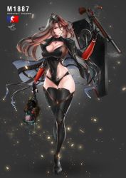 Rule 34 | 1girl, artist name, breasts, brown hair, character name, cleavage, commentary, crazyskull, earrings, english commentary, full body, girls&#039; frontline, gloves, gluteal fold, gun, highres, jacket, jewelry, large breasts, leather, leather jacket, lever action, long hair, looking at viewer, m1887 (girls&#039; frontline), multicolored hair, parted lips, red eyes, red hair, shield module, shotgun, shotgun shell, solo, standing, streaked hair, thighhighs, weapon