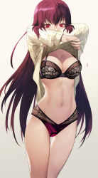 Rule 34 | 1girl, alternate costume, arms up, black bra, bra, breasts, bright pupils, cleavage, cowboy shot, fate/grand order, fate (series), fingernails, gradient background, grey background, highres, lace, lace-trimmed panties, lace trim, lingerie, long hair, long sleeves, looking down, medium breasts, mismatched underwear, motion lines, nail, navel, panties, pink panties, purple hair, red eyes, salmon88, scathach (fate), solo, standing, stomach, straight hair, sweater, thigh gap, thighs, tsurime, underwear, undressing, very long hair