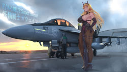 Rule 34 | 1girl, 2boys, abubu, aircraft, airplane, bare shoulders, black dress, black gloves, blonde hair, breasts, brown pantyhose, dress, elbow gloves, f/a-18e super hornet, barghest (fate), barghest (second ascension) (fate), fate/grand order, fate (series), fighter jet, gloves, green eyes, heterochromia, highres, horns, jet, large breasts, long hair, looking at viewer, military, military vehicle, multiple boys, muscular, muscular female, pantyhose, pelvic curtain, red eyes, sideboob, toned, vehicle focus