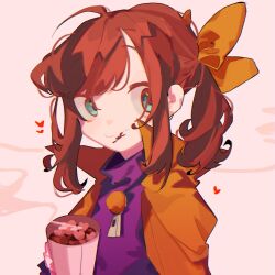 Rule 34 | 1girl, a hat in time, blue pupils, brown hair, cape, coffee, food, hat kid, heart, highres, jacket, marshmallow, nasubeen, purple jacket, ribbon, yellow cape, yellow ribbon