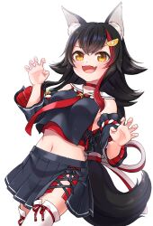 Rule 34 | 1girl, animal ear fluff, animal ears, black hair, black serafuku, black shirt, black skirt, black sleeves, blush, choker, claw pose, commentary, cropped shirt, detached sleeves, hair between eyes, hair ornament, hairclip, hands up, highres, hololive, long hair, looking at viewer, looking down, multicolored hair, navel, ookami mio, ookami mio (1st costume), open mouth, pleated skirt, red choker, red hair, red ribbon, ribbon, sailor collar, school uniform, serafuku, shirt, sidelocks, simple background, skirt, solo, streaked hair, thighhighs, tomozu, very long hair, virtual youtuber, white background, white sailor collar, white thighhighs, wide sleeves, wolf ears, wolf girl
