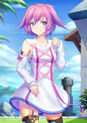 Rule 34 | + +, 1girl, absurdres, blue eyes, blue sky, breasts, building, collarbone, day, detached sleeves, dress, highres, looking at viewer, medium breasts, nail polish, original, outdoors, palm tree, purple hair, short hair, sky, smile, solo, sonikey0 0, thighhighs, tree, water, white dress