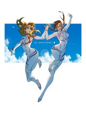 Rule 34 | 2girls, :o, artist request, blue eyes, blue sky, bodysuit, breasts, brown eyes, brown hair, cloud, covered navel, curvy, day, evangelion: 3.0+1.0 thrice upon a time, eyepatch, full body, glasses, holding hands, interface headset, jumping, long hair, looking at viewer, looking back, low twintails, makinami mari illustrious, multiple girls, neon genesis evangelion, open mouth, orange hair, outstretched arms, pilot suit, plugsuit, rebuild of evangelion, red-framed eyewear, semi-rimless eyewear, sidelocks, simple background, sky, small breasts, smile, souryuu asuka langley, translation request, twintails, two side up, white bodysuit, zounao (405609)
