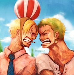 Rule 34 | 2boys, balloon, blonde hair, blue necktie, cigarette, commentary, curly eyebrows, earrings, facial hair, goatee stubble, green hair, jewelry, looking at another, male focus, multiple boys, necktie, one piece, pink shirt, roronoa zoro, sanji (one piece), shirt, short hair, sideburns, sky, stubble, torapunch, twitter username, upper body, v-shaped eyebrows, white shirt