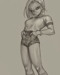 Rule 34 | 1girl, android 18, bare legs, belt, bracelet, breasts, dragon ball, dragonball z, expressionless, fingernails, grey background, greyscale, hand in pocket, high-waist shorts, jewelry, kinjuu (hariharitt), looking down, monochrome, shirt, shirt tucked in, short hair, shorts, simple background, solo