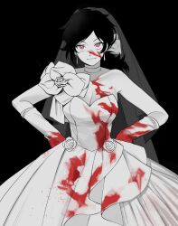 Rule 34 | 1girl, ashley graves, black background, black hair, blood, blood on clothes, blood on face, bridal veil, bride, dress, flower on shoulder, hands on own hips, highres, looking at viewer, pink eyes, renico, smile, the coffin of andy and leyley, veil, wedding dress