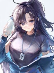 Rule 34 | 1girl, absurdres, black shirt, blue archive, blue jacket, blush, bottle, breasts, facial mark, grey background, hair between eyes, halo, highres, holding, holding bottle, id card, jacket, kabi (zcwd8845), lanyard, large breasts, long hair, long sleeves, looking at viewer, mechanical halo, official alternate costume, open mouth, partially unzipped, ponytail, purple eyes, purple hair, shirt, short sleeves, simple background, smile, solo, star (symbol), track jacket, upper body, water bottle, yuuka (blue archive), yuuka (track) (blue archive)