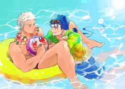 Rule 34 | 2boys, archer (fate), bad id, bad twitter id, blue hair, blush, cu chulainn (fate), cu chulainn (fate/stay night), earrings, fate/grand order, fate (series), highres, jewelry, long hair, male focus, multiple boys, muscular, official alternate costume, pectorals, ponytail, pool, red eyes, smile, swimming, swimsuit, thighs, ueki1230, white hair, yaoi