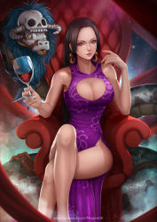 Rule 34 | 1girl, alcohol, amazon warrior, black hair, blue eyes, boa hancock, breasts, chair, cleavage, cleavage cutout, clothing cutout, crossed legs, cup, dress, drinking glass, earrings, highres, jewelry, large breasts, legs, long hair, long legs, looking at viewer, magion02, one piece, revision, salome (one piece), signature, skull, sleeveless, sleeveless dress, smile, snake, solo focus, watermark, web address, wine, wine glass