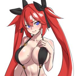 Rule 34 | 1girl, 3:, beeeeen, black one-piece swimsuit, blue eyes, blush, breasts, hair between eyes, hair ribbon, large breasts, last origin, may of doom, mole, mole on breast, one-piece swimsuit, red hair, ribbon, simple background, slingshot swimsuit, solo, swimsuit, twintails, white background