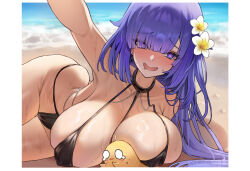 Rule 34 | 1girl, azur lane, bare shoulders, beach, black one-piece swimsuit, blush, breasts, dylanlin, flower, hair flower, hair ornament, hair over one eye, heart, heart-shaped pupils, highres, large breasts, long hair, looking at viewer, manjuu (azur lane), mogador (azur lane), mogador (locker room lechery) (azur lane), mole, mole on breast, navel, official alternate costume, one-piece swimsuit, open mouth, purple eyes, purple hair, swimsuit, symbol-shaped pupils, very long hair, white flower