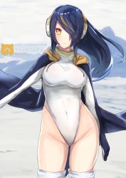 Rule 34 | 10s, 1girl, black hair, breasts, brown eyes, character name, covered navel, emperor penguin (kemono friends), facing viewer, hair over one eye, headphones, highleg, highleg leotard, highres, hood, jacket, japari symbol, kemono friends, leotard, long hair, looking at viewer, multicolored hair, nanomaru, open clothes, solo, thighhighs, white leotard, white thighhighs