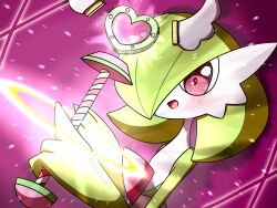Rule 34 | 1girl, artist name, blush, bob cut, colored skin, creatures (company), female focus, flat chest, game freak, gardevoir, gen 3 pokemon, glowing, green hair, green skin, hair over one eye, hands up, happy, heart, heart in eye, highres, holding, holding staff, index finger raised, light particles, magic, magic circle, magical girl, multicolored skin, nintendo, one eye covered, open mouth, pokemon, pokemon (creature), purple background, red eyes, short hair, smile, solo, staff, standing, symbol in eye, twitter username, two-tone skin, upper body, watermark, white skin, yuri (fl0werspace)