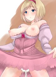 Rule 34 | 10s, 1girl, aftersex, bare shoulders, blonde hair, blue eyes, blush, breastless clothes, breasts, clothes lift, cum, cum in clothes, cum in pussy, cum through clothes, cumdrip, djeeta (granblue fantasy), dress, dress lift, dress tug, fighter (granblue fantasy), granblue fantasy, hairband, highres, ichiko (ichi), nipples, panties, puffy sleeves, short hair, solo, standing, sweat, underwear