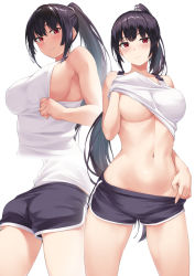 Rule 34 | 1girl, ass, bare arms, bare shoulders, black hair, black shorts, breasts, clothes lift, dolphin shorts, haitekudasai takamine-san, highres, large breasts, long hair, looking at viewer, midriff, multiple views, navel, no bra, parted lips, ponytail, rebutsu, red eyes, shirt, shirt lift, short shorts, shorts, sideboob, simple background, sleeveless, sleeveless shirt, smile, stomach, takamine takane, tank top, thighs, white background, white shirt