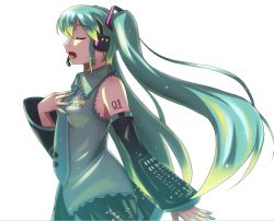 Rule 34 | 1girl, akiyasu, aqua hair, breasts, closed eyes, detached sleeves, green hair, hatsune miku, headphones, long hair, necktie, open mouth, profile, simple background, skirt, solo, twintails, very long hair, vocaloid, white background