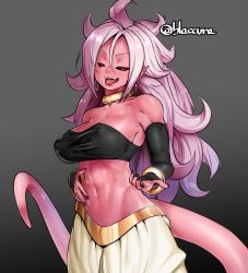 Rule 34 | 1girl, android 21, bare shoulders, blaccura, black nails, black sclera, bracelet, breasts, cleavage, colored sclera, colored skin, commentary, covered erect nipples, detached sleeves, dragon ball, dragon ball fighterz, fangs, highres, jewelry, large breasts, looking at viewer, majin android 21, messy hair, nail polish, navel, open mouth, pink hair, pink skin, pointy ears, red eyes, smile, solo, stomach, strapless, tail, toned, tongue, tongue out, tube top, upper body