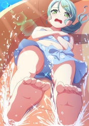 Rule 34 | 1girl, aqua hair, bang dream!, bare shoulders, barefoot, bikini, bikini skirt, blue bikini, blush, breasts, commentary request, commission, covering breasts, covering privates, crossed arms, feet, foot focus, from below, full body, green eyes, hair between eyes, hair ornament, highres, hikawa sayo, lens flare, light rays, long hair, looking at viewer, lying, medium breasts, midriff, navel, on back, open mouth, sakamata (sakamata4), sidelocks, skeb commission, sliding, soles, solo, sunbeam, sunlight, swept bangs, swimsuit, water, water slide, x hair ornament