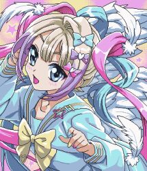 Rule 34 | 1990s (style), 1girl, :d, angel wings, blonde hair, blue bow, blue eyes, blue hair, blue nails, bow, chouzetsusaikawa tenshi-chan, eencya, feathered wings, hair bow, hair ornament, hand up, heart, heart hair ornament, long hair, long sleeves, looking at viewer, multicolored hair, multiple hair bows, nail polish, needy girl overdose, official art, open mouth, pink bow, pink hair, pink nails, pixel art, purple bow, purple hair, quad tails, retro artstyle, sailor collar, second-party source, smile, solo, star (symbol), upper body, white wings, wings, yellow bow, yellow nails
