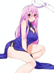 Rule 34 | 1girl, animal ears, between legs, blue dress, blush, breasts, rabbit ears, china dress, chinese clothes, cleavage, dress, hand between legs, highres, long hair, looking at viewer, purple hair, red eyes, reisen udongein inaba, simple background, solo, tears, touhou, white background, yukina (masyumaro610)