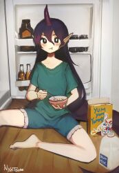 Rule 34 | 1girl, :t, absurdres, aqua shirt, aqua shorts, bottle, bowl, box, breasts, bright pupils, cereal box, eating, english text, film grain, frilled shorts, frills, hair between eyes, highres, holding, holding bowl, horns, long hair, milk bottle, nyztsune, official art inset, on floor, pointy ears, purple hair, purple horns, refrigerator, shirt, short shorts, shorts, signature, small breasts, t-shirt, tail, tenkajin chiyari, touhou, toutetsu yuuma, unfinished dream of all living ghost, white pupils, zun (artist)