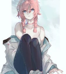 Rule 34 | 1girl, arknights, bad id, bad pixiv id, black pants, blue eyes, blue poison (arknights), blue poison (shoal beat) (arknights), braid, cheonyeon-hi, choker, collarbone, feet out of frame, hairband, highres, jacket, korean commentary, looking at viewer, off shoulder, official alternate costume, open clothes, open jacket, pants, pink choker, pink hair, simple background, sitting, solo, sports bra, white background, white hairband, white jacket, white sports bra