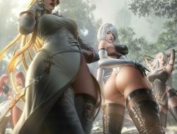 Rule 34 | 2b (nier:automata), 5girls, a2 (nier:automata), armpits, arms behind head, arms up, ass, backlighting, bare shoulders, black footwear, black gloves, black hairband, black legwear, blonde hair, blue eyes, boots, breasts, camisole, closed eyes, cloud.d, commander (nier:automata), cross-laced footwear, day, devola, dress, elbow gloves, from below, gloves, hair over one eye, hairband, hand on own hip, head out of frame, highres, impossible clothes, impossible leotard, joints, lace-up boots, large breasts, leotard, lips, long dress, long hair, looking at viewer, looking back, medium breasts, mole, mole under mouth, multiple girls, nier:automata, nier (series), no blindfold, nose, outdoors, pants, parted lips, pink hair, popola, revealing clothes, robot joints, see-through, see-through legwear, short hair, siblings, signature, silver hair, sisters, taut clothes, taut dress, thick eyebrows, thigh boots, thighhighs, thighhighs under boots, thong leotard, tree, twisted torso, white footwear, white gloves