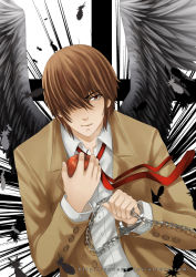 Rule 34 | 1boy, apple, black wings, brown eyes, brown hair, chain, cuffs, death note, feathered wings, feathers, food, formal, fruit, hair over one eye, handcuffs, highres, male focus, necktie, solo, suit, upper body, watermark, web address, wings, yagami light, yoneyu