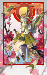 Rule 34 | 1girl, anzumame, bird, bird wings, black gloves, blush, bow, feathered wings, flower, frilled headwear, gloves, green eyes, green footwear, green hair, hair bow, hair flower, hair ornament, highres, in tree, original, sitting, sitting in tree, solo, thighhighs, tree, white thighhighs, wings