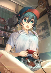 Rule 34 | 1girl, aqua eyes, bag, bandaid, bandaid on knee, bandaid on leg, barefoot, black hair, bra visible through clothes, breasts, commentary request, controller, crossed legs, eyes visible through hair, hair between eyes, hand fan, hat, highres, indoors, large breasts, open mouth, original, poster (object), shelf, short sleeves, sitting, skirt, soda bottle, solo, sweat, tan (tangent), tongue