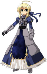 Rule 34 | 00s, 1girl, ahoge, armor, armored dress, artoria pendragon (all), artoria pendragon (fate), blonde hair, dress, fate/stay night, fate (series), faulds, gauntlets, green eyes, hair ribbon, looking at viewer, ribbon, saber (fate), sawano akira, simple background, solo, white background