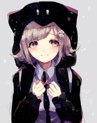 Rule 34 | 1girl, backpack, bag, black jacket, blush, brown hair, clenched hands, collared shirt, commentary request, danganronpa (series), danganronpa 2: goodbye despair, flipped hair, grey background, grey shirt, hair ornament, hands up, hood, jacket, looking at viewer, momongapoketto, nanami chiaki, neck ribbon, pentagram, pink eyes, pink hair, pink ribbon, ribbon, shirt, short hair, sketch, smile, solo, space print, star (symbol), star in eye, starry sky print, symbol in eye, upper body