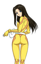 Rule 34 | 00s, 1girl, ass, back, belt, black hair, blue eyes, bodysuit, female focus, flat chest, formal, from behind, highres, hip focus, leather, long hair, looking back, misha miramond, simple background, skin tight, solo, suit, thighhighs, transformers, transformers energon, transformers unicron trilogy