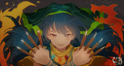 Rule 34 | 1girl, apron, arm ribbon, between fingers, blue hair, blue ribbon, brush, copyright name, dress, fire, green apron, green headwear, green scarf, grey background, hair between eyes, hands up, haniyasushin keiki, highres, holding, long hair, looking at viewer, open mouth, puffy short sleeves, puffy sleeves, purple eyes, ribbon, scarf, short sleeves, simple background, smile, solo, touhou, upper body, yellow dress