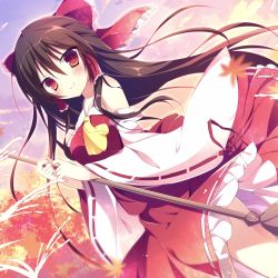 Rule 34 | 1girl, black hair, bow, detached sleeves, dutch angle, hair between eyes, hair bow, hair ornament, hakurei reimu, highres, holding, japanese clothes, lace-trimmed sleeves, lace trim, long hair, looking at viewer, miko, outdoors, red bow, red eyes, red shirt, red skirt, ringonotane, shirt, skirt, smile, solo, touhou