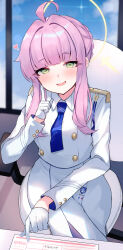 Rule 34 | 1girl, absurdres, ahoge, blue archive, blue necktie, blush, collared shirt, gloves, green eyes, halo, heart, highres, indoors, kaya (blue archive), long sleeves, mi taro333, necktie, open mouth, pink hair, pleated skirt, shirt, short hair, skirt, smile, solo, white gloves, white shirt, white skirt, window, yellow halo