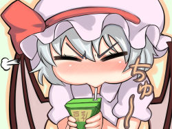 Rule 34 | 1girl, bat wings, blue hair, blush, closed eyes, dress, drinking, drinking straw, female focus, gigokku, hat, juice box, mouth hold, puffy cheeks, puffy cheeks, remilia scarlet, short hair, solo, steam, touhou, wings