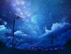 Rule 34 | blurry, bokeh, building, cloud, commentary request, depth of field, grass, milky way, night, night sky, no humans, original, outdoors, plant, power lines, scenery, sky, star (sky), starry sky, utility pole, vinci v7