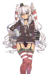 Rule 34 | 10s, 1girl, amatsukaze (kancolle), black panties, brown eyes, cameltoe, choker, dress, flat chest, garter straps, gloves, hairband, hat, highres, kantai collection, long hair, looking at viewer, mini hat, nagy, panties, red thighhighs, rensouhou-kun, sailor collar, sailor dress, short dress, silver hair, simple background, sitting, smile, solo, suspenders, thighhighs, twintails, two side up, underwear, very long hair, white background, white gloves, zettai ryouiki