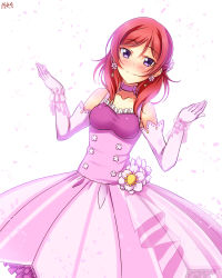 Rule 34 | 10s, 1girl, 2015, choker, collarbone, dated, dress, dutch angle, earrings, elbow gloves, flower, gloves, hair flower, hair ornament, highres, jewelry, long hair, looking at viewer, love live!, love live! school idol festival, love live! school idol project, neck ribbon, nishikino maki, pink dress, pink gloves, purple eyes, purple ribbon, red hair, ribbon, ribbon choker, see-through, simple background, smile, solo, white background, wrist cuffs, yu-ta