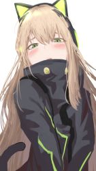 Rule 34 | 1girl, animal ear headphones, animal ears, blonde hair, blush, cat ear headphones, cat ears, cat tail, close-up, coat, fake animal ears, girls&#039; frontline, green eyes, hair between eyes, headphones, highres, long hair, looking at viewer, open mouth, sd bigpie, sidelocks, simple background, solo, tail, tmp (girls&#039; frontline), upper body, very long hair, white background