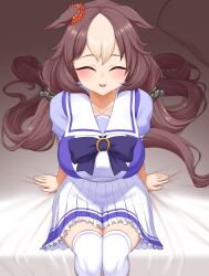 Rule 34 | 1girl, absurdres, animal ears, bed, blush, breasts, closed eyes, closed mouth, collarbone, commentary request, hair ornament, highres, horse ears, horse girl, large breasts, long hair, low twintails, pasuhai, pillow, ribbon, school uniform, sitting, solo, tracen school uniform, twintails, umamusume, yamanin zephyr (umamusume)
