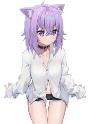Rule 34 | 1girl, :3, ahoge, alternate costume, animal ear fluff, animal ears, black collar, black shorts, blush, breasts, cat ears, cleavage, closed mouth, collar, collarbone, collared shirt, commentary, cowboy shot, crossed bangs, dress shirt, hair between eyes, hololive, invisible chair, light purple hair, medium breasts, midriff, navel, nekomata okayu, nekomata okayu (oversized shirt), partially unbuttoned, purple eyes, shirt, short hair, short shorts, shorts, simple background, sitting, smile, solo, syhan, thighs, virtual youtuber, white background, white shirt, wing collar