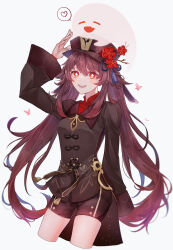 Rule 34 | 1girl, absurdres, black hat, black jacket, black shorts, brown hair, bug, butterfly, cowboy shot, cropped legs, floating hair, flower, genshin impact, ghost, hat, hat flower, heart, highres, hu tao (genshin impact), insect, jacket, long hair, long sleeves, red flower, red shirt, sakura11587158, shirt, short shorts, shorts, solo, speech bubble, spoken heart, standing, twintails, very long hair, white background