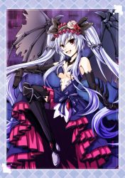 Rule 34 | black dress, boots, breasts, clawed gauntlets, cleavage, collar, demon wings, dress, fairy fencer f, garter straps, hair ornament, hairband, high heel boots, high heels, lolita hairband, mega miracle force, neptune (series), noire (neptunia), open mouth, red eyes, thighhighs, tiara (fairy fencer f), twintails, white hair, wings
