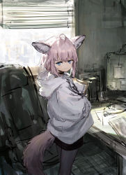 Rule 34 | 1girl, animal ears, arknights, bad id, bad twitter id, black pantyhose, black shorts, window blinds, blue eyes, brown hair, chair, city, commentary, desk, drawer, fox ears, fox tail, highres, holding, holding paper, hood, hood down, indoors, jacket, looking at viewer, office chair, pantyhose, pantyhose under shorts, paper, romaji commentary, sho (sho lwlw), short hair, shorts, sketch, smile, solo, standing, sussurro (arknights), swivel chair, tail, unfinished, white jacket, window
